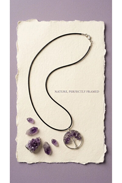 Zeraf Takı Zeraf Purple Amethyst Natural Stone Tree of Life Necklace
