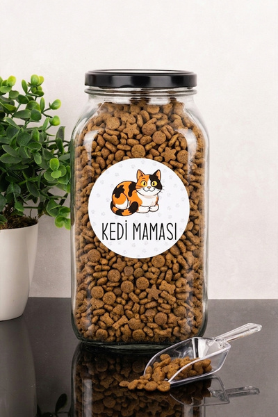 Dolkin Home Cinse Özel Kedi Maması Kutusu Etiketli 3000 ml Cam Kavanoz Ölçekl...