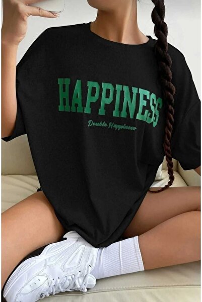 JENOLAN Women's Happiness Printed White Black T-Shirt Oversize Loose