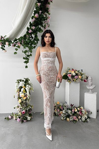 Caddebostan Moda فستان ميدي بتفاصيل دانتيل وحزام من الخيط، فستان سهرة أنيق