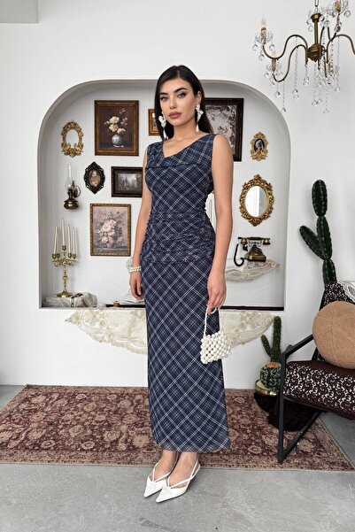 Caddebostan Moda Degaje Collar Plaid Patterned Midi Length Dress with Drawstr...