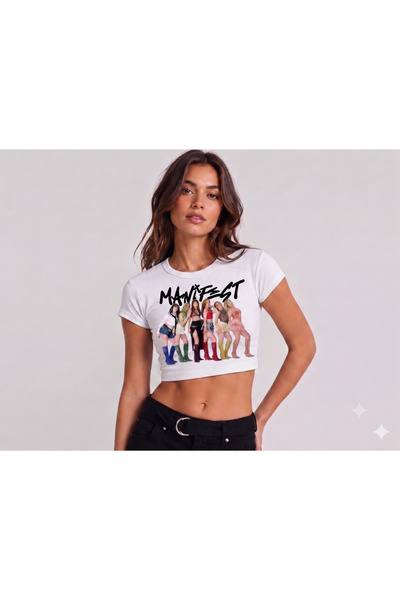 Huw Crop T-Shirt MANİFEST Baskılı Pamuklu Bisiklet Yaka Kısa Kollu