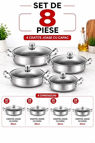 Stainlesss stellss HomeRoy – Set 8 Piese Cratițe Joase cu Capac, 24 cm – 26 c...