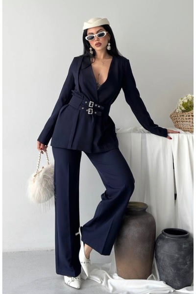 pembekurdelem Women's Double Buckle Belt Detailed Wide Leg Suit Pants Navy Blue
