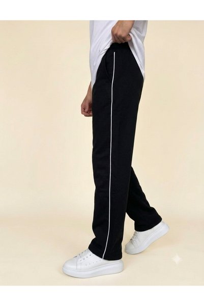 ATKGİYİM Unisex Black Baggy Loose Fit Thin Combed Cotton Sweatpants - White Stripes on the Side, Adjustable Elastic Cuffs