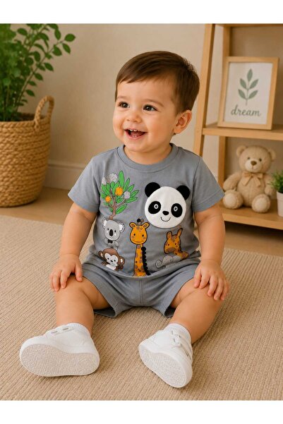 krm kerem bebe Erkek Bebek 3D Safari Panda Kabartmalı Yazlık Alt-Üst Nakışlı Yazlık Takım