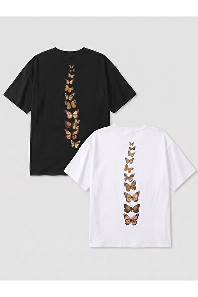 Flubutik 2-Pack Black-White Vertical Butterflies Print Oversize T-Shirt