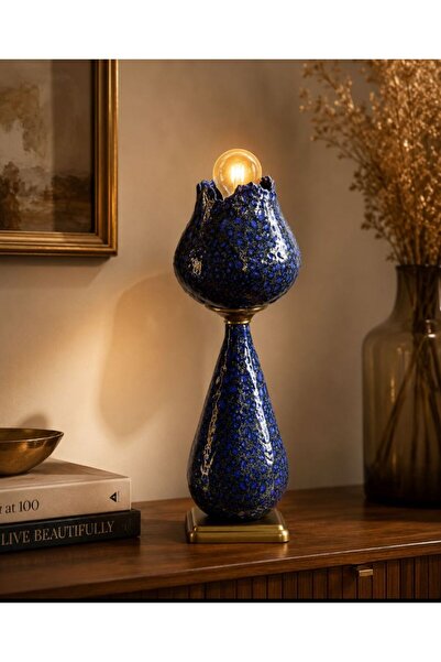 Materra Ceramic Art SERAMİK ABAJUR LALE FORMUNDA ELYAPIMI ÖZEL TASARIM MAVİ Y...