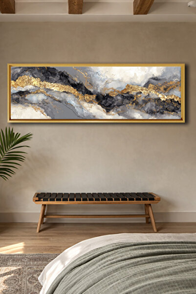 Meteor Gallery Art Modern Soyut Siyah Gri ve Yoğun Altın Yaldız Dokulu Çerçevesiz Panoramik Kanvas Tablo