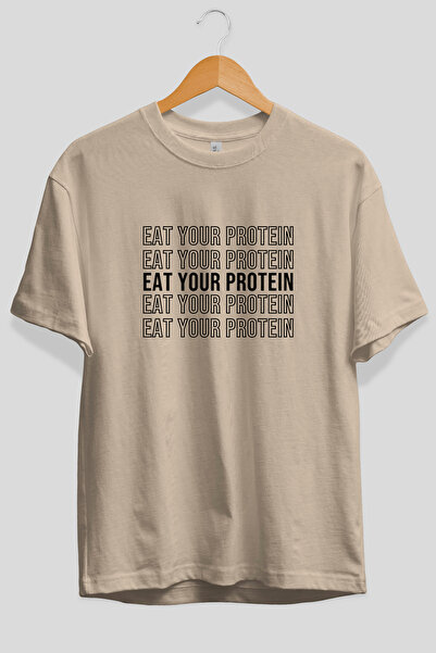 Ankhises Tricou bej cu imprimeu frontal Eat Your Protein Oversize, 100% bumba...
