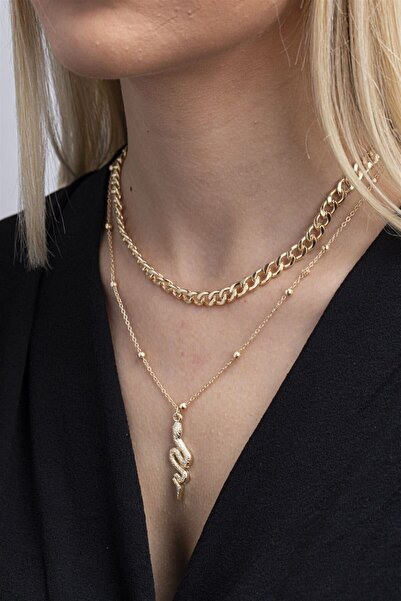Butik Yılan Figürlü Gold Kombin Kolye