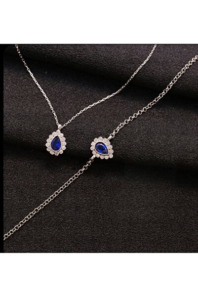 byess 925 Ayar Safir Renkli Damla Taşlı Elmas Montur Kolye Bileklik Gümüş Set