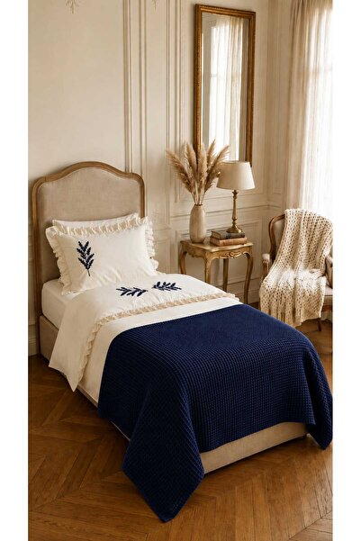 İK TEKSTİL Trigo Navy Blue Floral Embroidered Cotton Duvet Cover Set 5 Piece ...