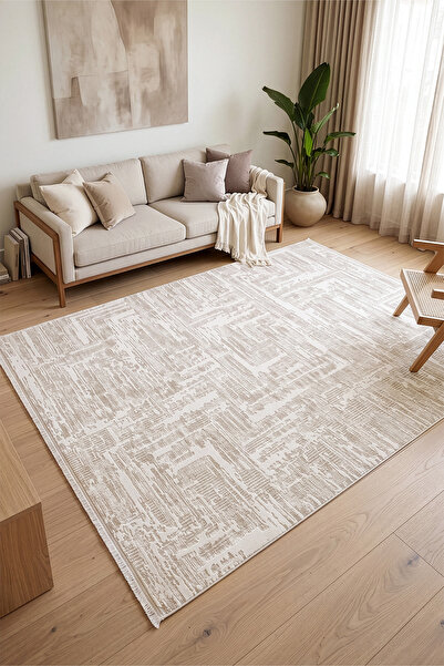 VEJA HOME Vista Modern Geometrik Çizgili Krem Bej Halı Salon Mutfak Yolluk A5...