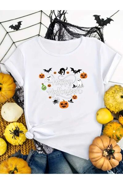 JENOLAN Tricou oversize casual Boyfriend cu imprimeu Happy Halloween