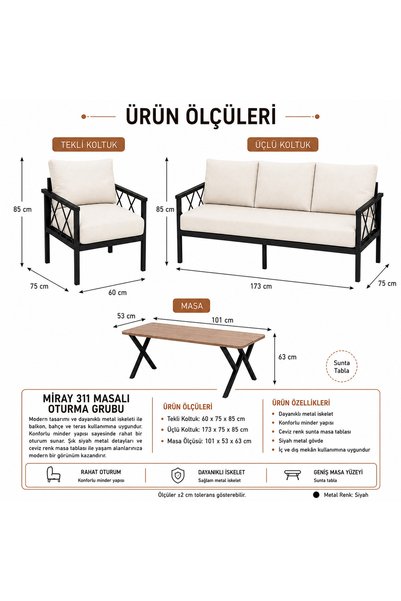 UFUK HOME Miray Antrasit 311 Masalı Sünger KAHVERENGİ Balkon Bahçe Oturma Grubu Minderli Metal Bahçe Mobilyası Takımı