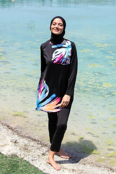 Marina Swimwear Full Covered Hijab Swimsuit Set Black Floral Patterned 3 Piece – M2224