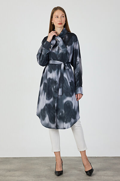 VAVİNOR Satin Tunic with Scarf Collar Detail - Gray