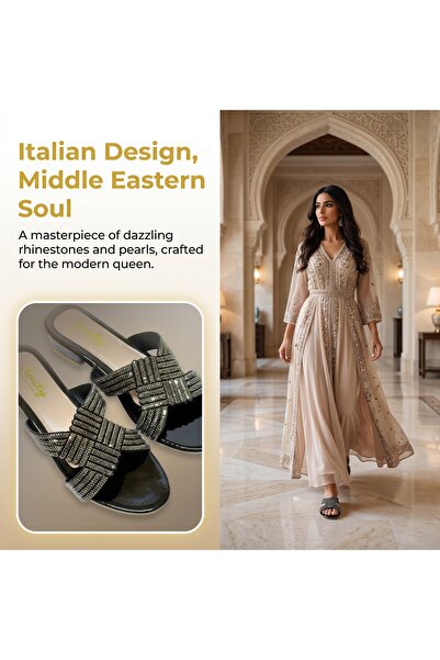 Dhiaa Walk Women’s Square Toe Pearl & Crystal Slides - Embellished Flat Sanda...