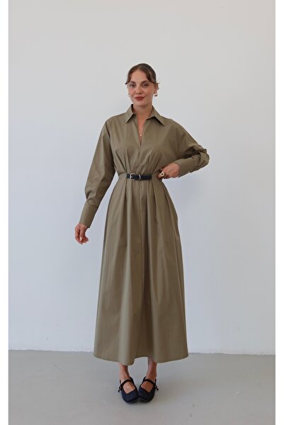 Myra Fashion Kemerli Poplin Gömlek Elbise Midi Boy Uzun Kollu Klasik Yaka Cepli
