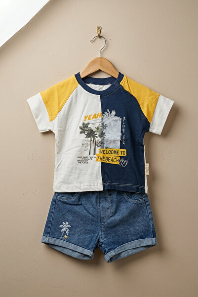zumino Baby Boy 2-Piece Set with Palm Tree Printed Denim Shorts