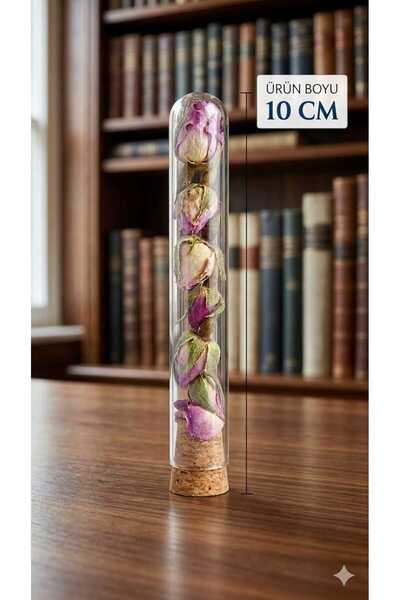 Şirin Doğal Kurutulmuş Tomurcuk Güllü Cam Tüp 10 cm - Mantar Tapalı Dekoratif...