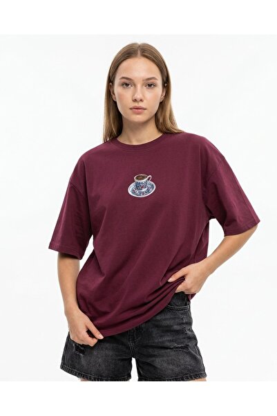 HepsitrentStore Turkish Coffee Printed Burgundy Oversize T-Shirt