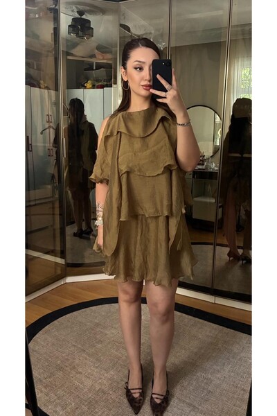 ecemce butik Katlı Premium Tencel Haki Elbise