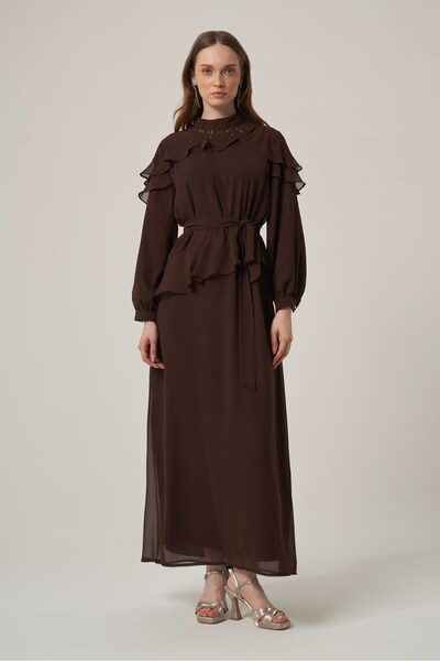 FTZ WOMEN Women's Chiffon Collar Stone Dress Brown 31379