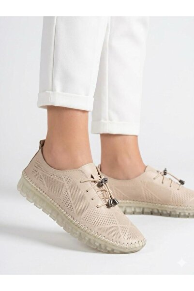 Lütfi Women's Beige Genuine Leather Orthopedic Soft Sole Casual Shoes
