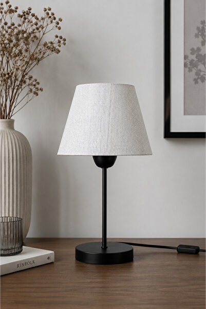 Eslight Modern İskandinav Tarz Siyah Ayak Komodin Lambası Hasır Dokulu Ekru A...