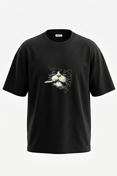 Anetos Tricou oversize negru din bumbac cu imprimeu pe spate Cat Cigar Design