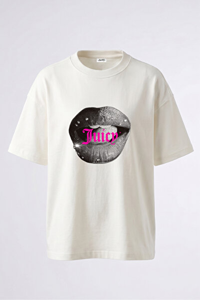 Anetos Lip Pink Gothic Design Back Printed Cotton White Oversize T-Shirt