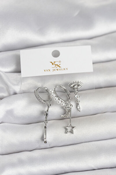 OGHAMAY Brass Silver Color Zircon Stone Night Theme 3-Piece Women's Earrings