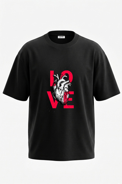 Anetos Tricou oversize negru din bumbac cu imprimeu pe spate cu design inimă ...