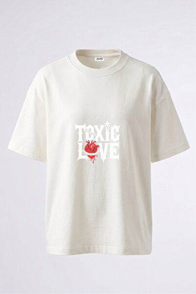 Anetos Tricou supradimensionat alb din bumbac cu imprimeu pe spate Toxic Love...