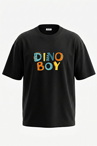 Anetos Tricou oversize negru din bumbac cu imprimeu pe spate Dino Boy Design