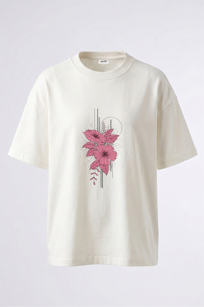 Anetos Pink Flowers Design Back Printed Cotton White Oversize T-Shirt