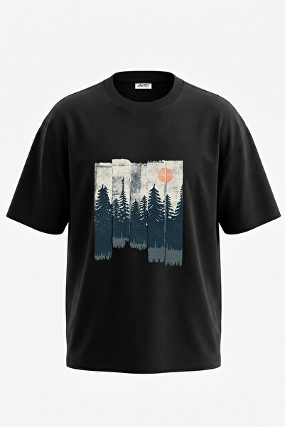 Anetos Tricou oversize negru din bumbac cu imprimeu pe spate, cu design cu co...