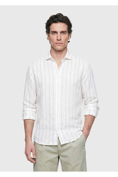 Ramsey Açık Gri Düz Casual Fit Uzun Dokuma Casual %100 Keten Gömlek