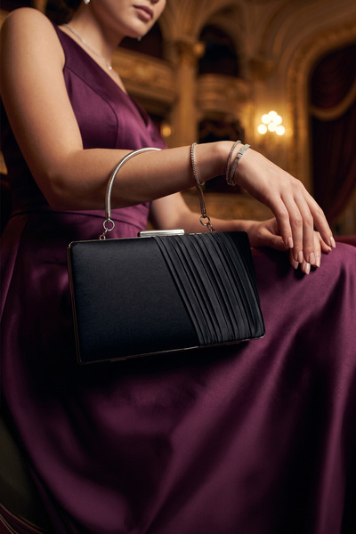 Erkan Saçmacı Black Satin Pleated Metal Case Evening Dress Handbag with Handl...