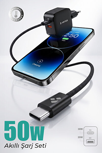 Kensa 50W Çift Portlu USB-C Girişli Akıllı Hızlı Şarj Adaptör Kablo Seti - PD...
