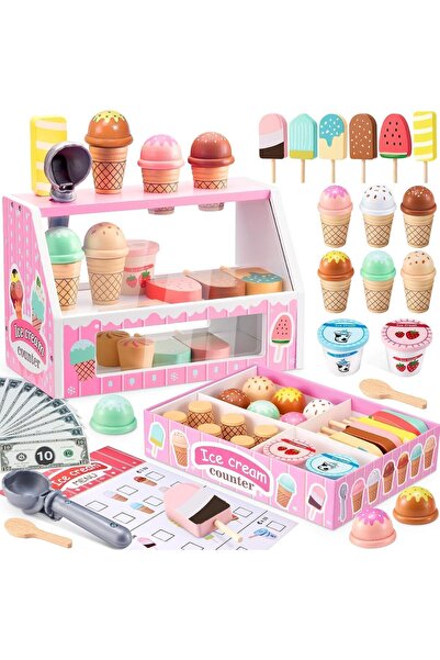 Beauenty Wooden Ice Cream Stand Play Set for Little Girls, Pretend Play Toys,...