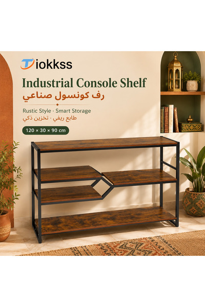 Tiokkss Industrial Console Table with 5 Open Shelves, Rustic Brown & Black Me...