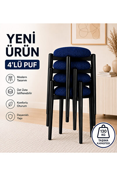 EDMONDA EV AKSESUAR ZÜMRA 4LÜ PUF TABURE BENCH MAKYAJ SANDALYESİ SİYAH AYAK