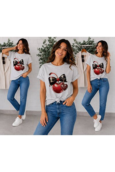 ENB1R MODA Women's Gray Premium Basic T-Shirt with Shiny Cherry Black Bow The...