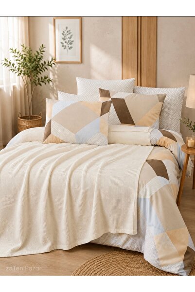 zaTen Pazar Cream Color Double 5-Piece Piqued Duvet Cover Set 100% Cotton Box...