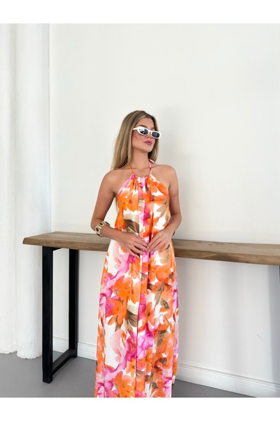 Cistern İstanbul Women's Halter Neck Colorful Patterned Summer Dress