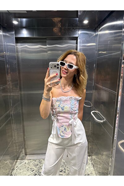 BURCHU BUTİK Premium Kalite Pembeli Büstiyer Korse Bluz