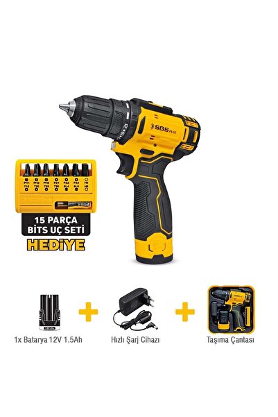 SGS SGS5147 - 12 Volt Akülü Vidalama Seti 1.5 Amper + 15 Parça Bits Uç Seti